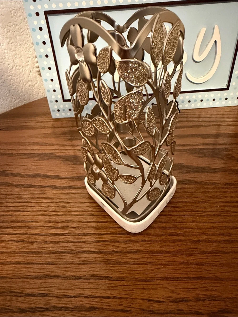 Bath & Body Works Gold Floral Metal Candle Holder with Glitter Accents
